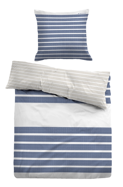 Billede af Blå stribet sengetøj 140x200 cm - Blødt bomuldssatin - Blå og hvidt sengesæt - Vendbart design - Tom Tailor