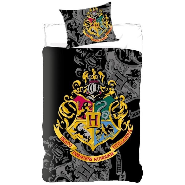 Harry Potter sengetøj - 140x200 cm - Guldfarvet Hogwarts våbenskjold - 2 i 1 design - 100% Bomulds sengesæt billede