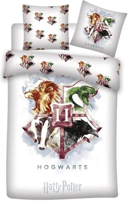 Harry Potter sengetøj - 140x200 cm - Lilla Hogwarts våbenskjold - Sengesæt 2 i 1 - Dynebetræk i 100% bomuld