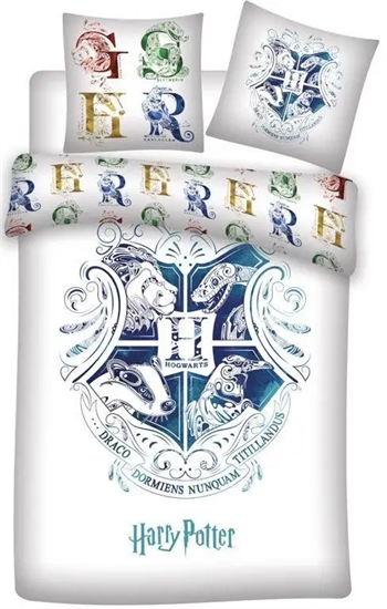 Billede af Harry Potter sengetøj - 140x200 cm - Blåt Hogwarts våbenskjold - Vendbar dynebetræk - 100% bomulds sengesæt