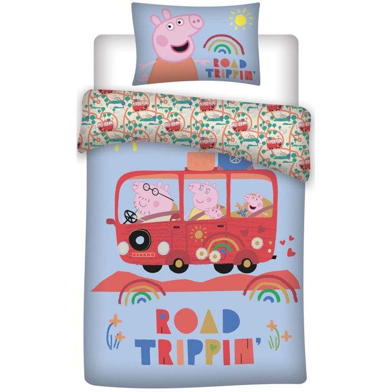 Gurli Gris junior sengetøj 100x140 cm - Gurli Gris sengesæt - 2 i 1 design - Road trip - 100% bomuld billede