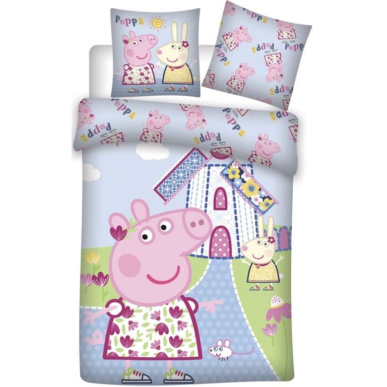 Gurli Gris junior sengetøj 100x140 cm - Gurli Gris vindmølle - 2 i 1 design - 100% bomuld billede