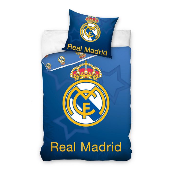 Real Madrid sengetøj - Blåt vendbart sengesæt med logo og stjerner - 140x200 cm - 100% bomulds sengelinned - Fodbold sengetøj