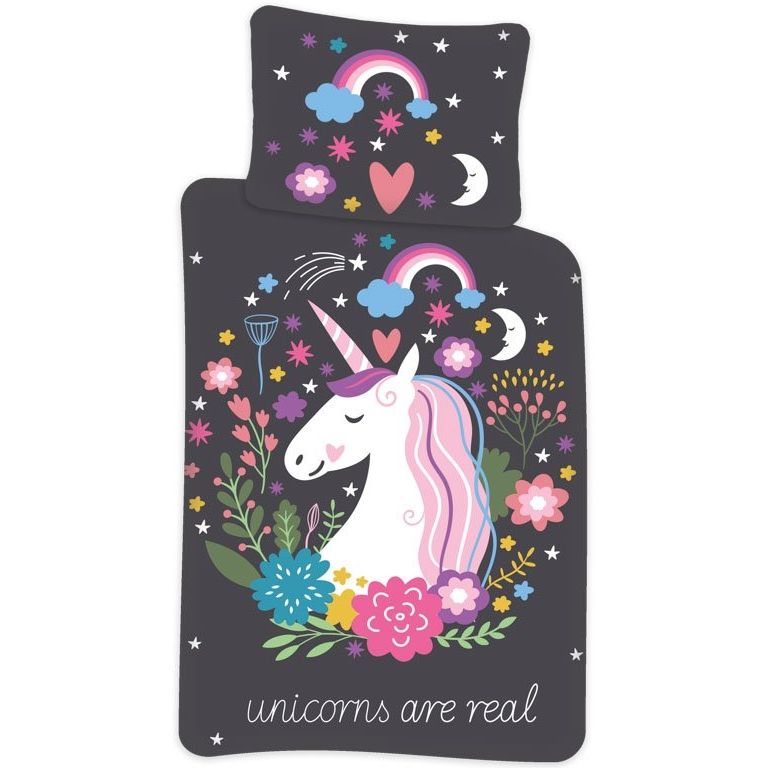 Junior enhjørning sengetøj 100x140 cm - Sengetøj med unicorn - 2 i 1 design - 100% bomulds sengelinned billede