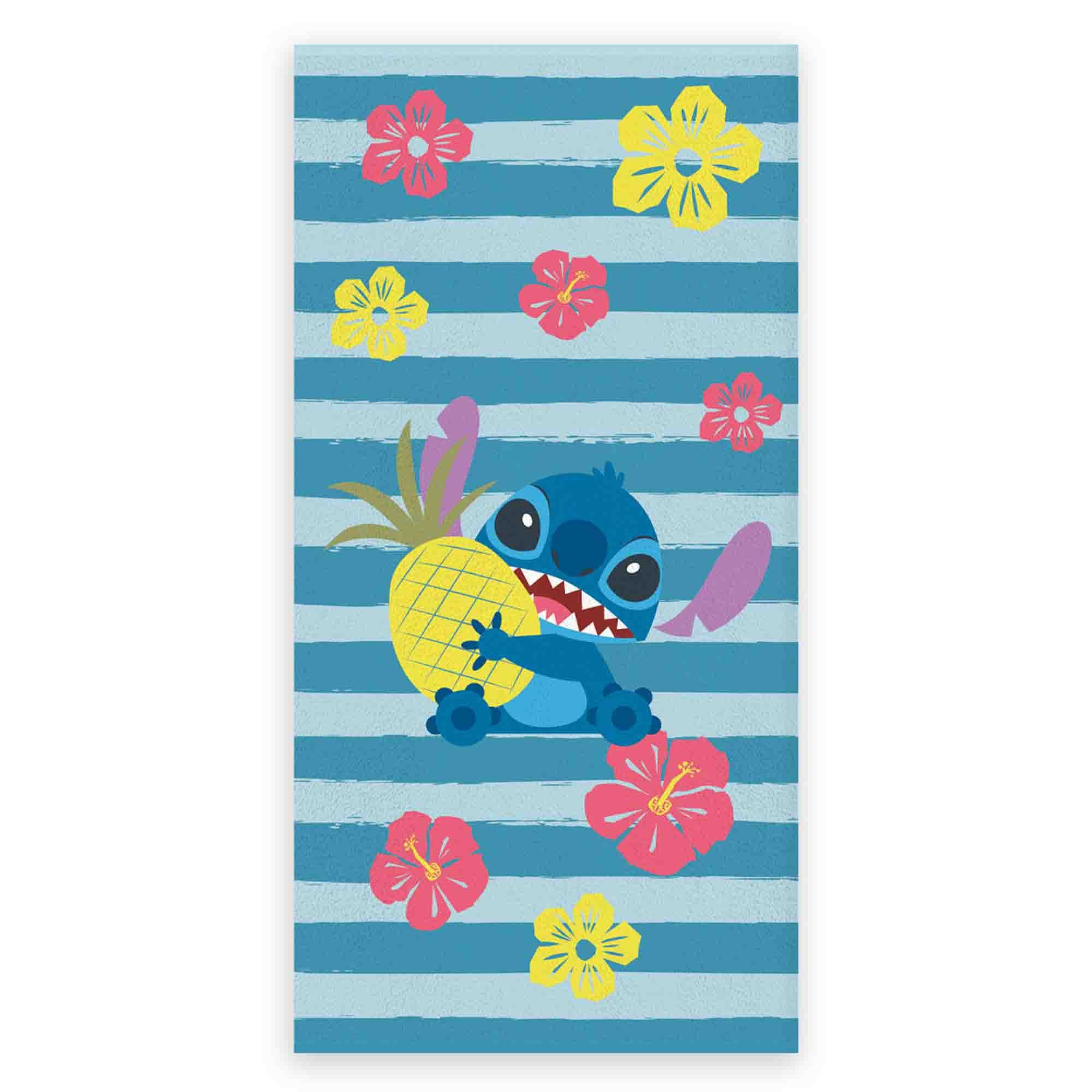 Stitch håndklæde - 70x140 cm - 100% bomuld - Blødt badehåndklæde med Stitch, ananas og blomster billede