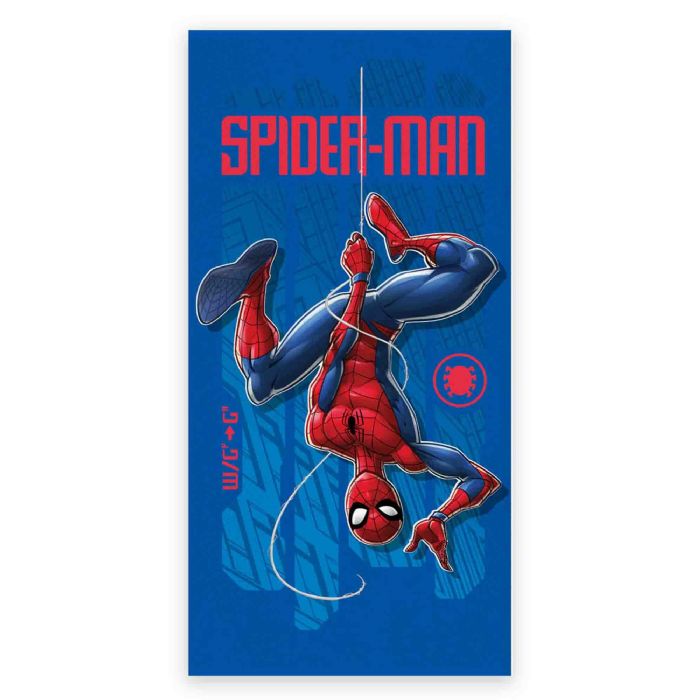 Spiderman håndklæde - 70x140 cm - 100% bomuld - Blåt, blødt badehåndklæde med Spiderman