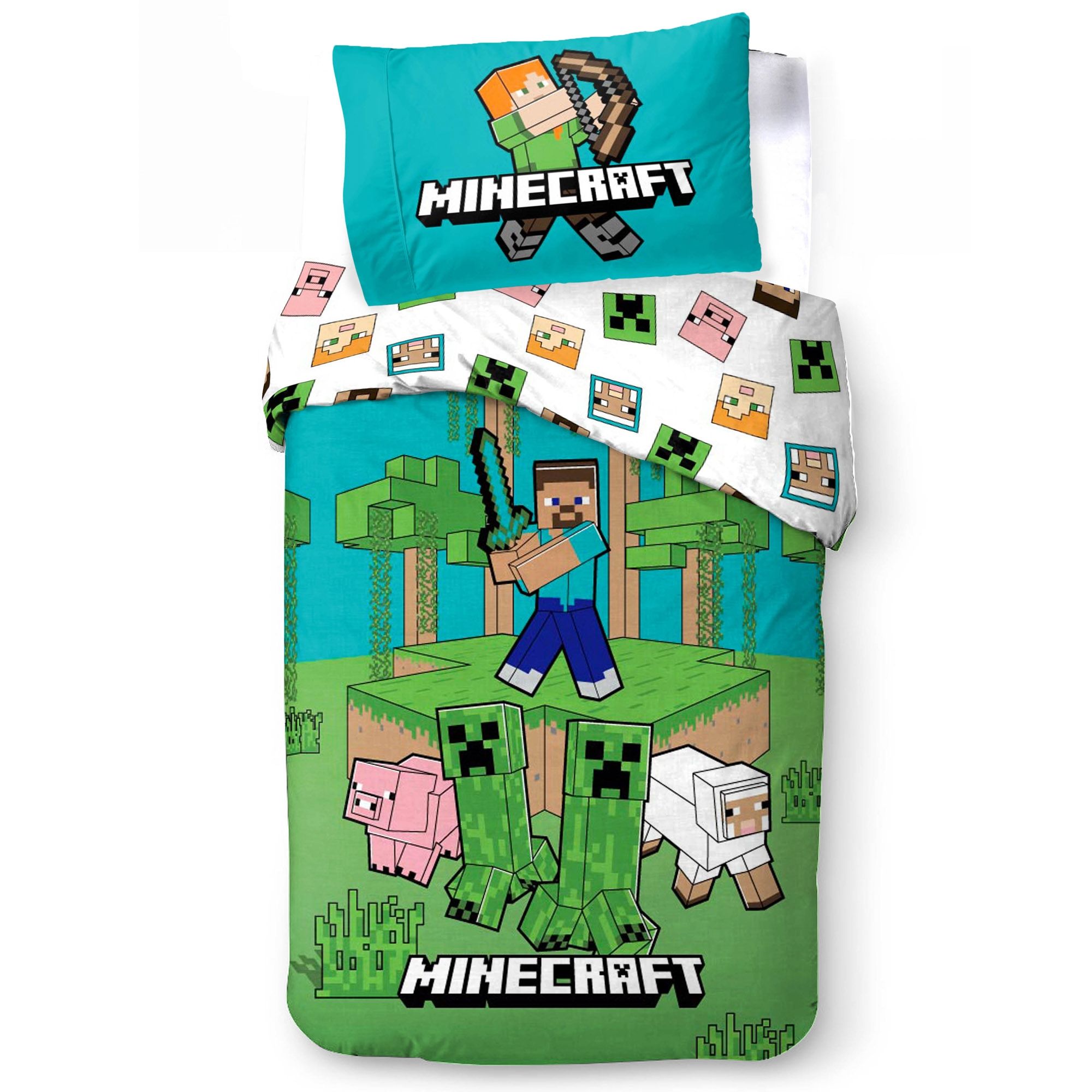 Minecraft sengetøj - Vendbart design med motiv af creeper og pigs - Jungle Explore - 140x200 cm - 100% bomulds sengelinned billede