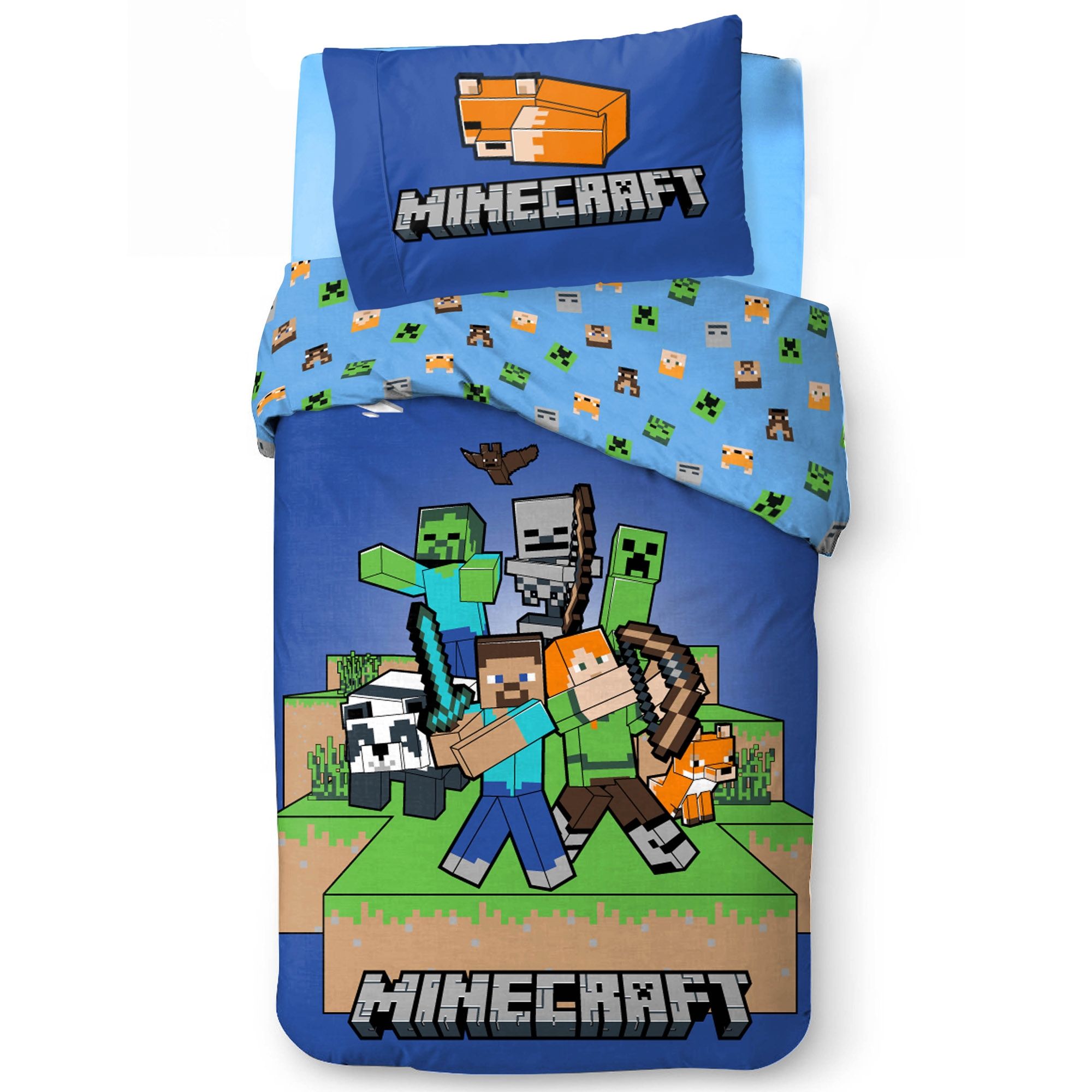 Minecraft sengetøj - 140x200 cm - Vendbart design med motiv af bl.a. zombie og creeper - Ready to survive - 100% bomulds sengelinned billede