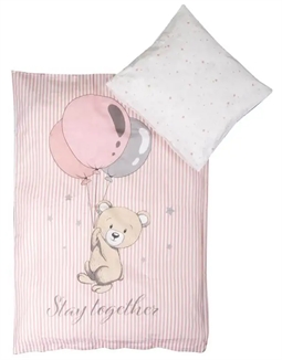 Baby sengetøj 70x100 cm - Bamse med balloner - 2 i 1 design - 100% Bomuld