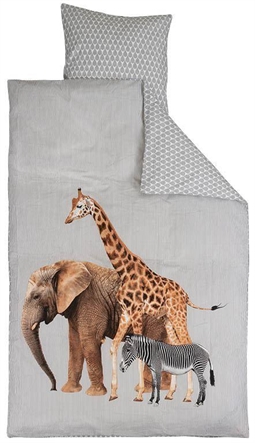 Junior sengetøj 100x140 cm - Sengesæt med dyr - Giraf, elefant og zebra - 2 i 1 design - 100% Bomuld