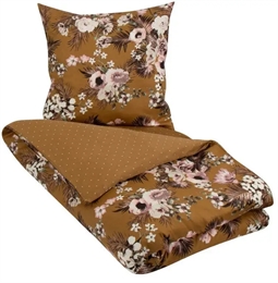 Blomstret sengetøj - 140x200 cm - Flowers & Dots - Karryfarvet sengesæt - Vendbar sengelinned i 100% Økologisk Bomuldssatin