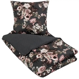 Sengetøj dobbeltdyne 200x200 cm - Flowers & Dots - Gråt sengetøj - 2 i 1 design - 100% Økologisk Bomuldssatin