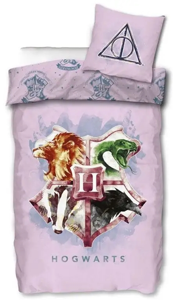 Billede af Harry Potter sengetøj - 140x200 cm - Lyserødt med Hogwarts skjold - Dynebetræk med 2 i 1 design - 100% bomuld hos Shopdyner.dk