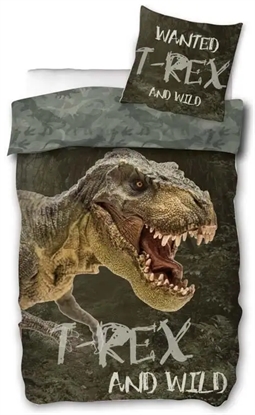 Dino sengetøj - 140x200 cm - Sengetøj med vild T-rex - 2 i 1 design - 100% bomuld