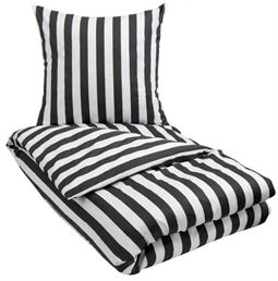 Sengetøj - 150x210 cm - Antrasit grå og hvid stribet sengesæt - 100% Bomuldssatin sengetøj - Nordic Stripe