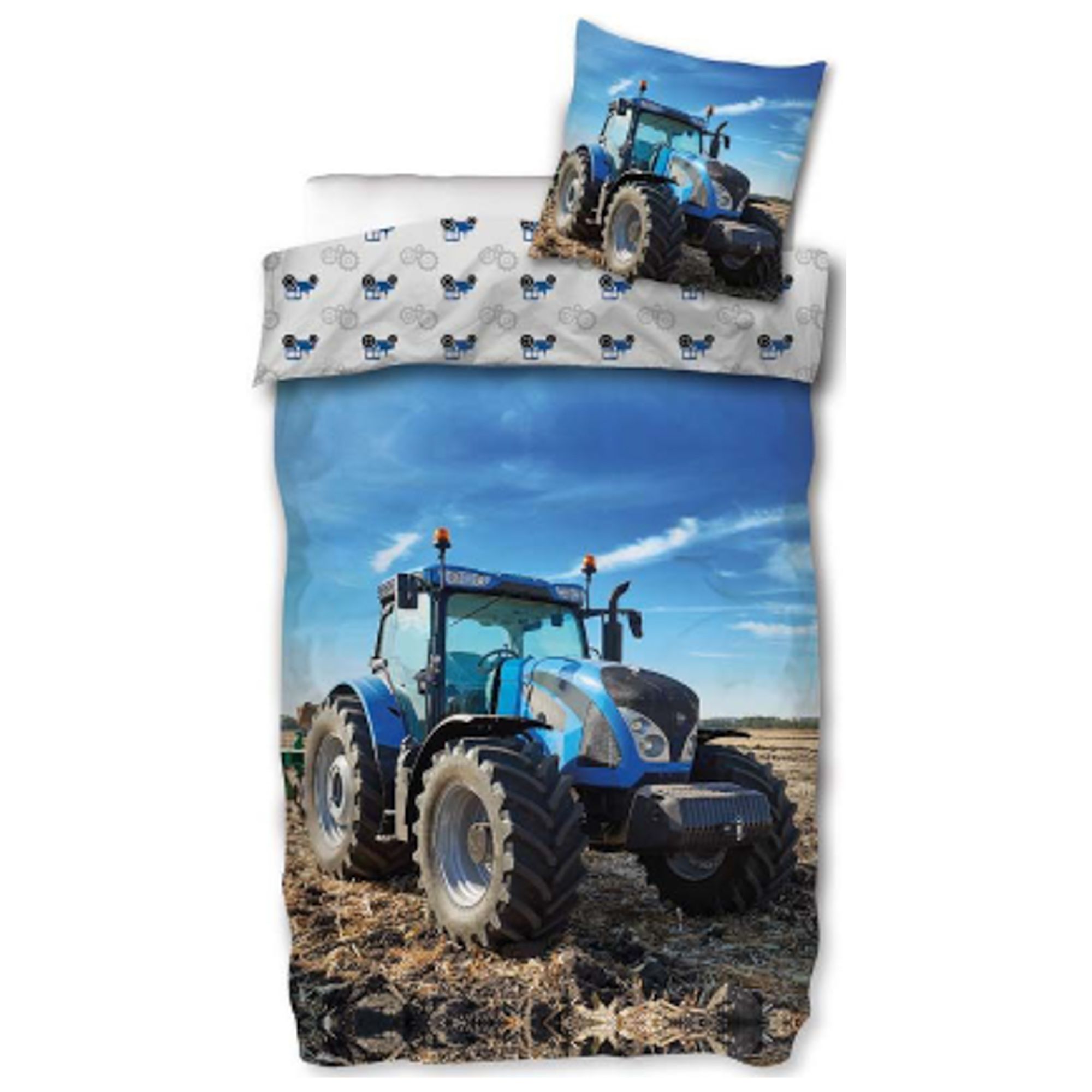 Traktor sengetøj - 140x200 cm - Vendbart sengesæt med blå traktor - 100% bomuld - Flot børnesengetøj billede