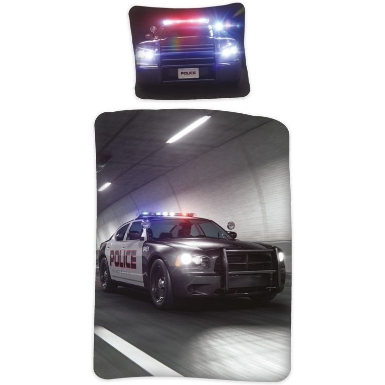 Junior sengetøj 100x140 cm - Sengesæt med politibil - 2 i 1 design - 100% bomuld - Politibil sengetøj billede