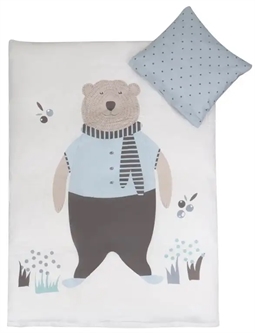 Junior sengetøj 100x140 cm med bamse - Bjørn lyseblå - 2 i 1 design -100% Bomuld