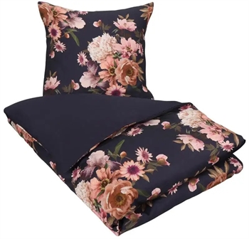 Billede af Blomstret sengetøj - 150x210 cm - Dark blue flower - 2 i 1 design - Sengesæt i 100% Bomuldssatin - Excellent By Borg hos Shopdyner.dk