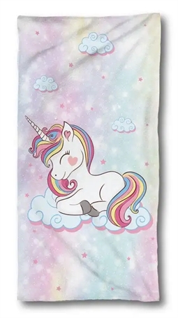 Badehåndklæde - Sød unicorn på sky - 70x140 cm - 100% Bomuld - Unicorn håndklæde 