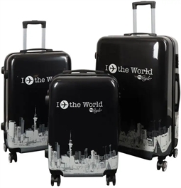 Kuffertsæt - 3 stk. - Kuffert med motiv - I Love The World black - Hardcase letvægt kuffert