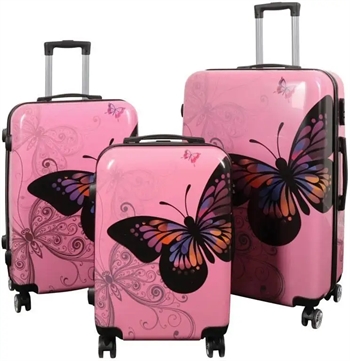 Billede af Kuffertsæt - 3 Stk. - Kuffert med motiv - Sommerfugl lyserød - Hardcase letvægt kuffert med 4 hjul hos Shopdyner.dk