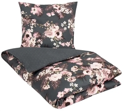 Blomstret sengetøj - 150x210 cm - Blomster og prikker - 100% Bomuldssatin sengetøj - 2 i 1 design - By Night
