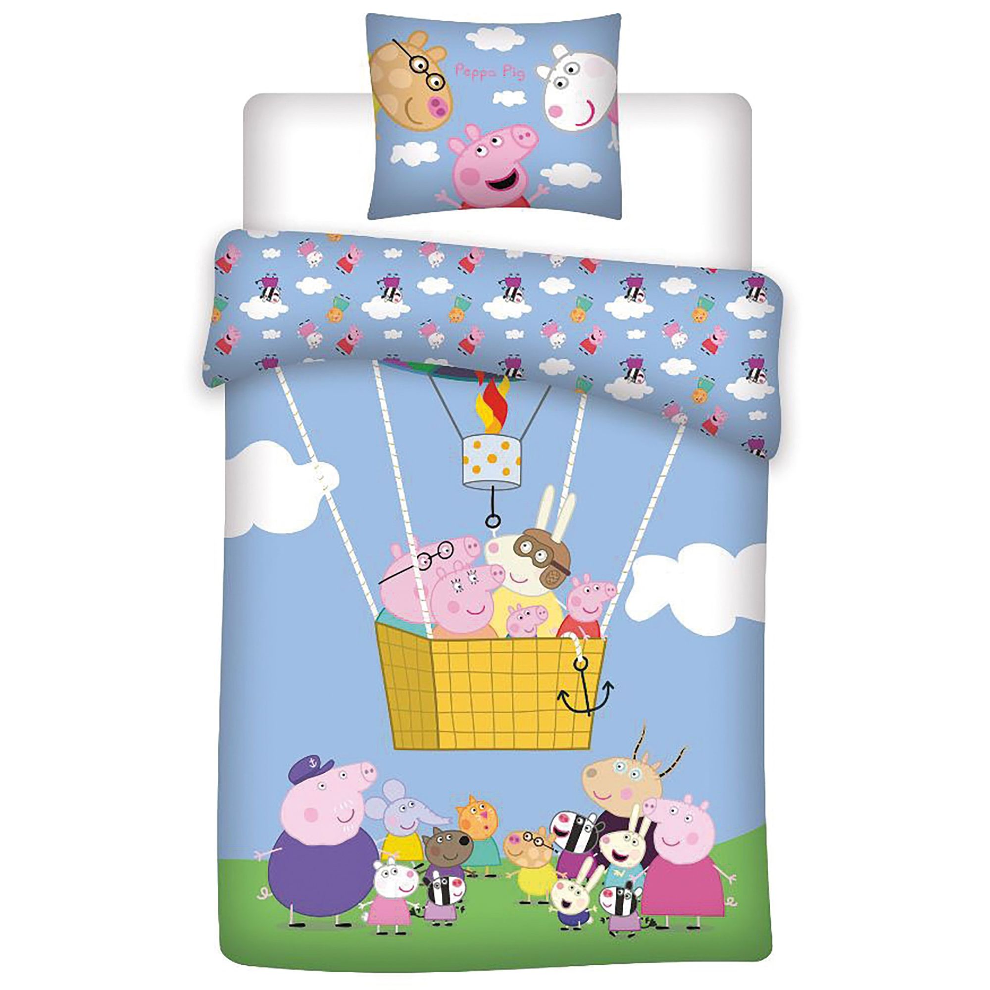 Gurli Gris sengetøj 100x140 cm - Gurli Gris junior sengesæt - Flyver i luftballon - 100% blød bomuld billede