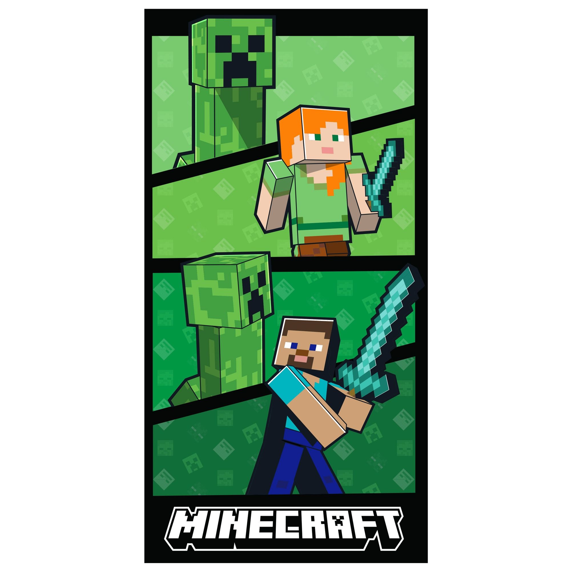 Minecraft håndklæde - 70x140 cm - 100% bomuld - Blødt badehåndklæde med Steve, Alex og Creeper billede
