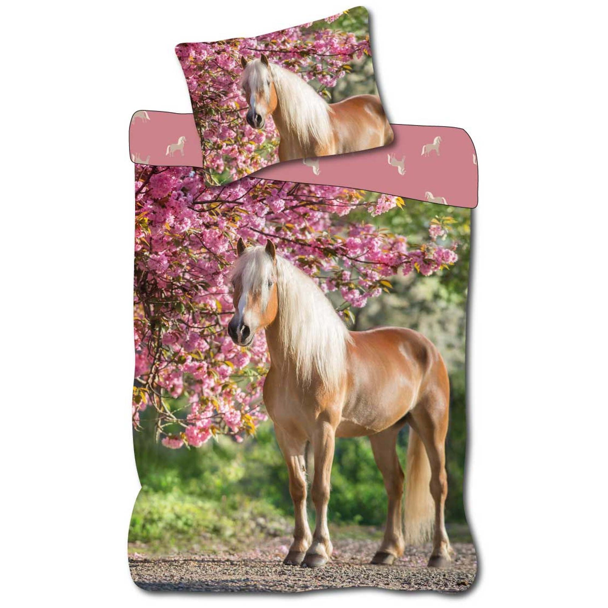 Heste sengetøj - Vendbart sengesæt med en brun hest under et kirsebærtræ - 100% blødt bomulds sengelinned