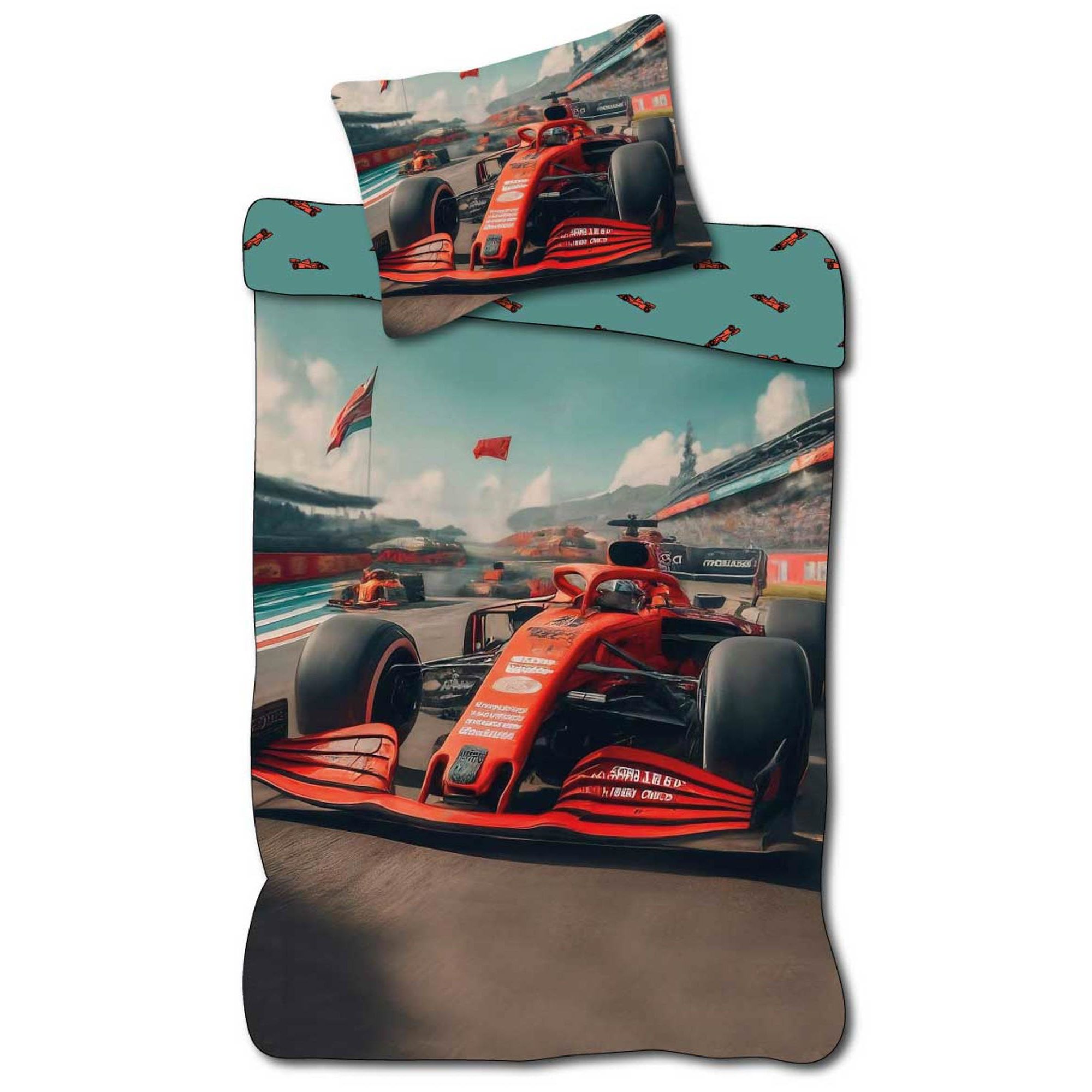 Børne sengetøj - Vendbart sengesæt med racerbiler - Motiv af rød formel 1 bil - 100% blødt bomulds sengelinned