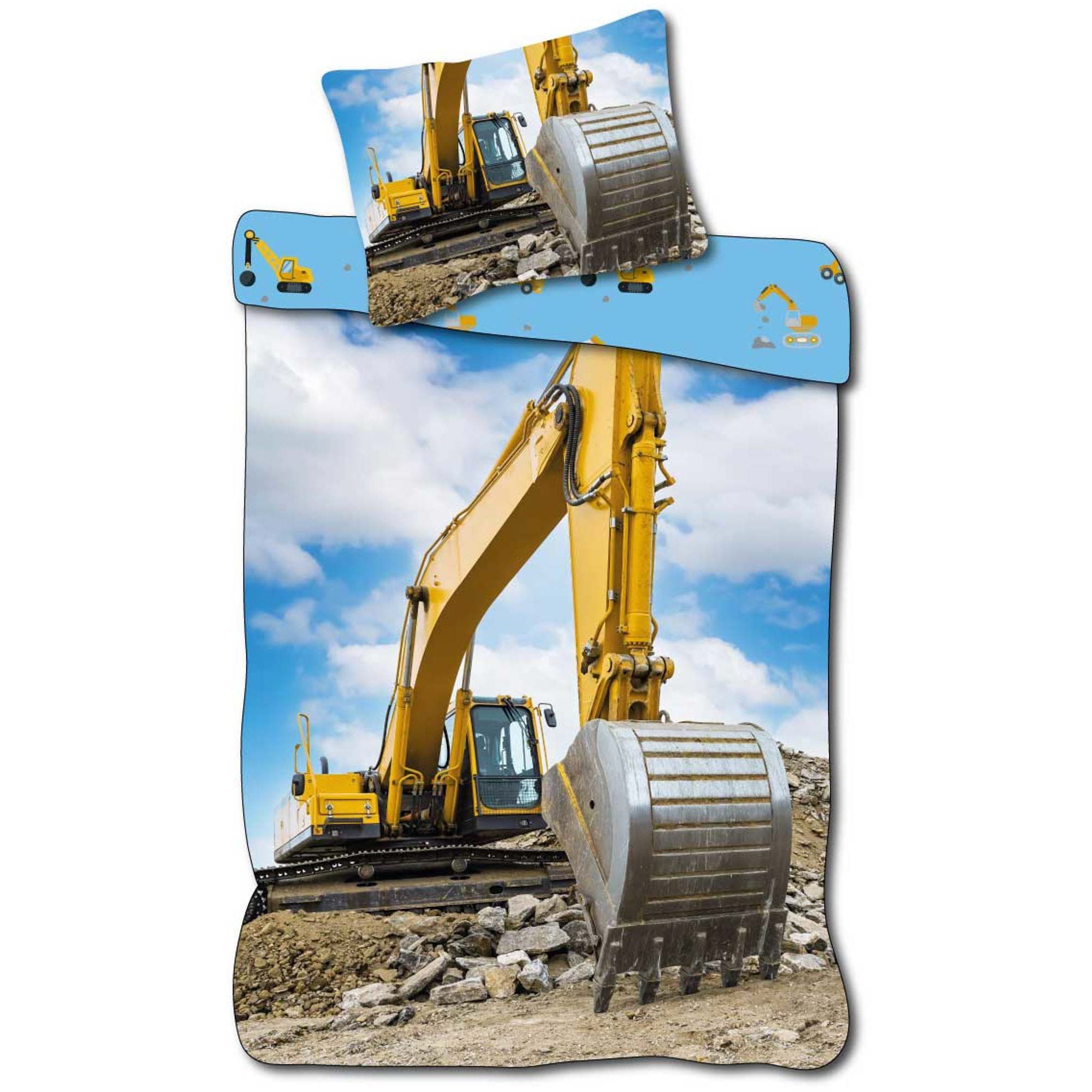 Børnesengetøj - Motiv af en stor gul gravemaskine - Vendbart sengesæt - 100% bomulds sengelinned