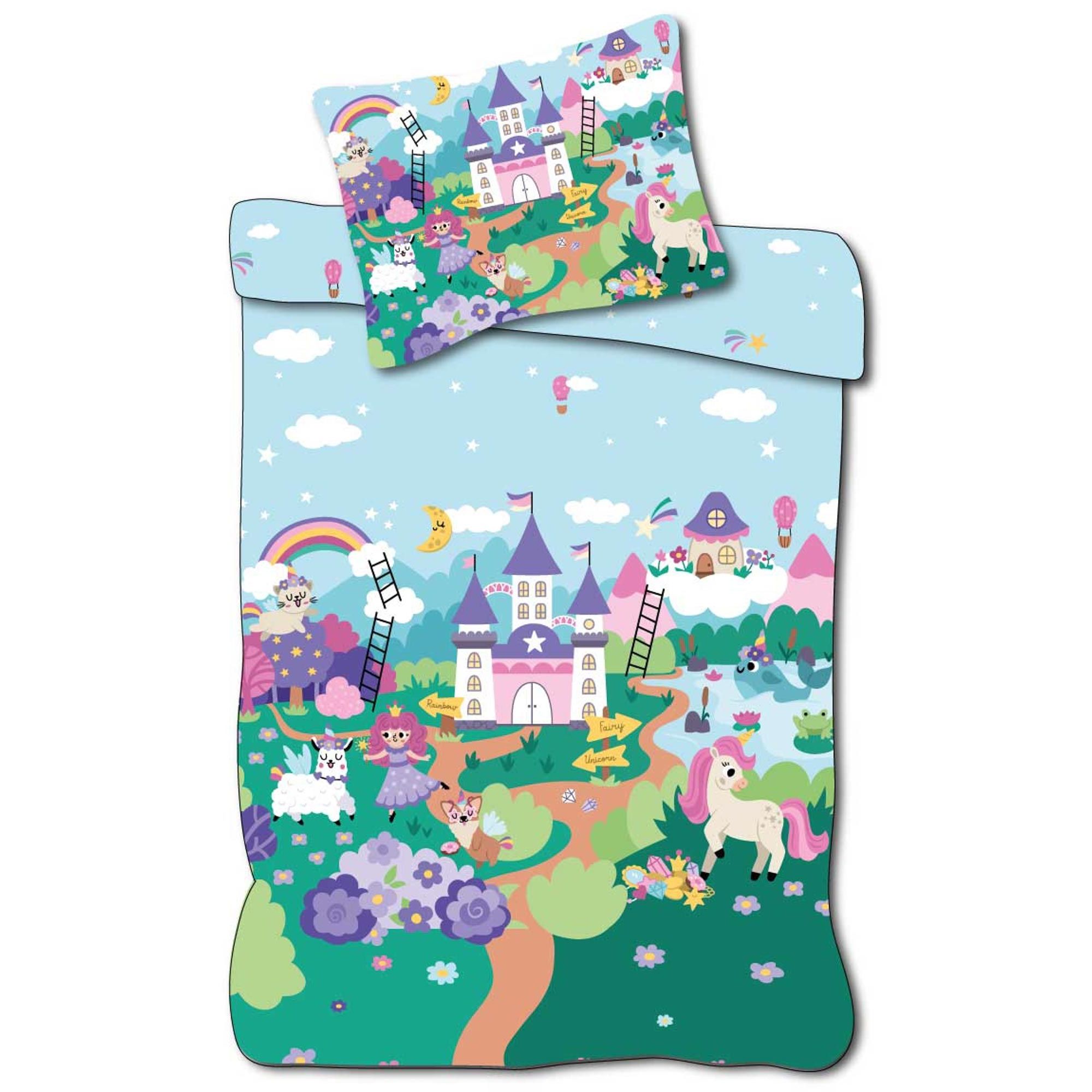 Junior sengetøj 100x140 cm - Vendbart sengesæt med eventyrs design og en prinsesse - 100% blødt bomulds sengelinned billede