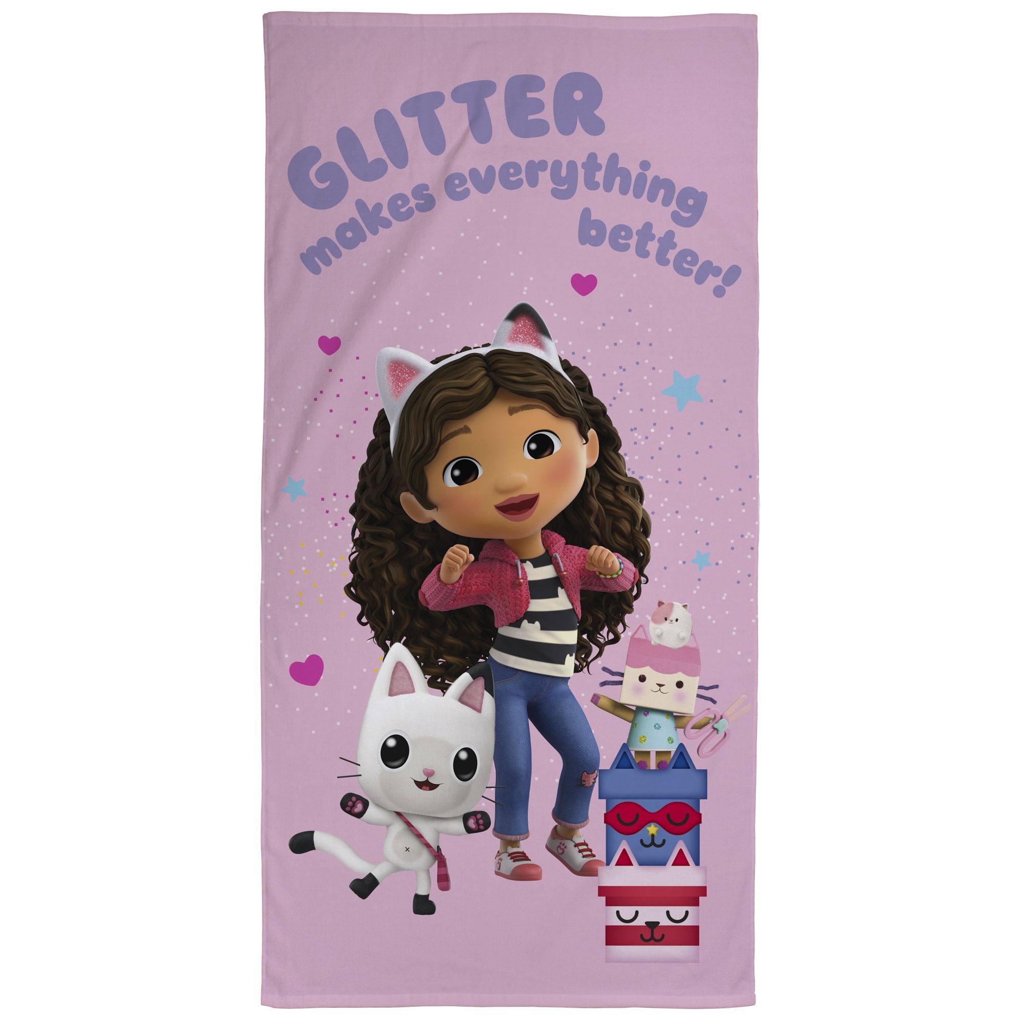 Gabby's Dollhouse håndklæde - 70x140 cm - 100% bomuld - Glitter makes everything better - Blødt badehåndklæde billede