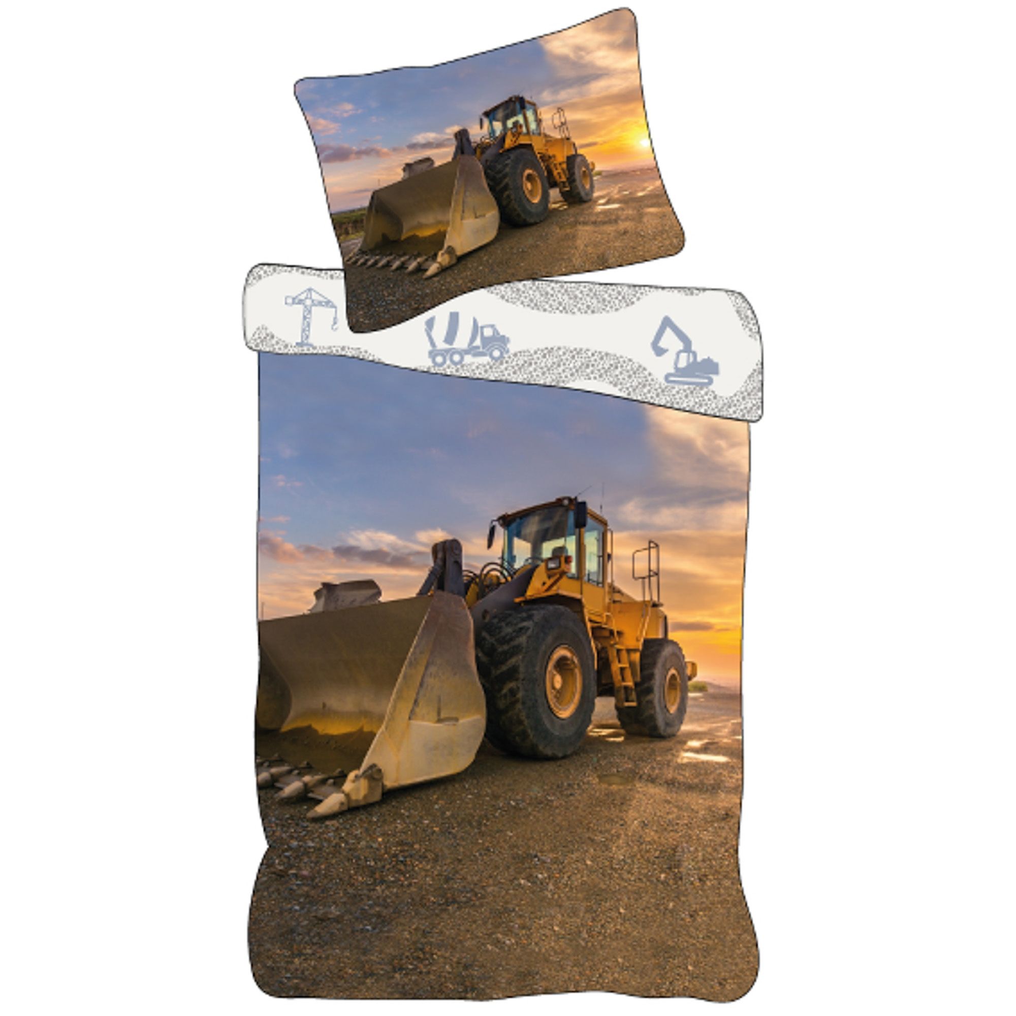 Børne sengetøj 140x200 cm - Vendbart sengesæt med en gravmaskine - 100% blødt bomulds sengelinned billede