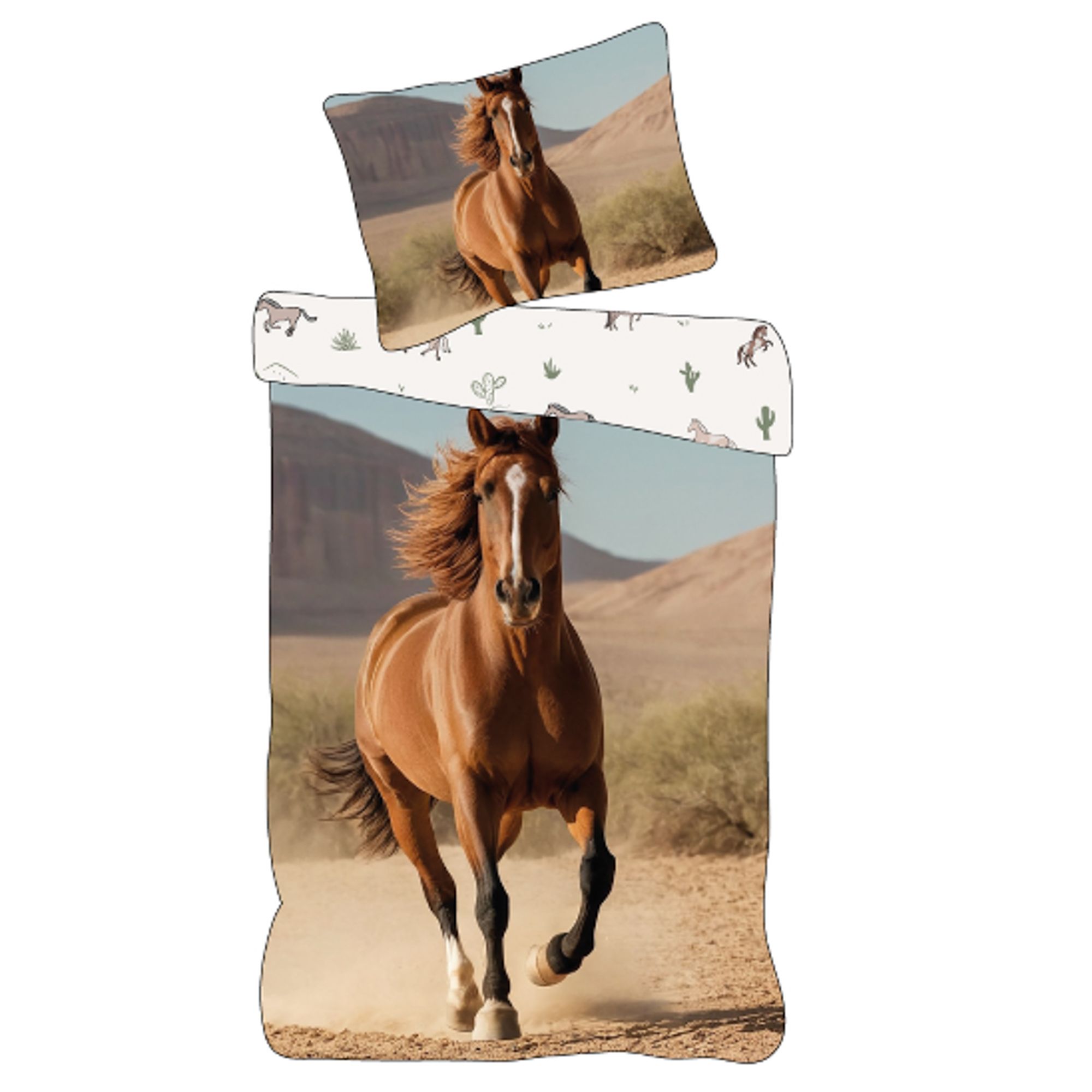 Heste sengetøj 140x200 cm - Vendbart sengesæt med en flot brun hest - 100% blødt bomulds sengelinned billede