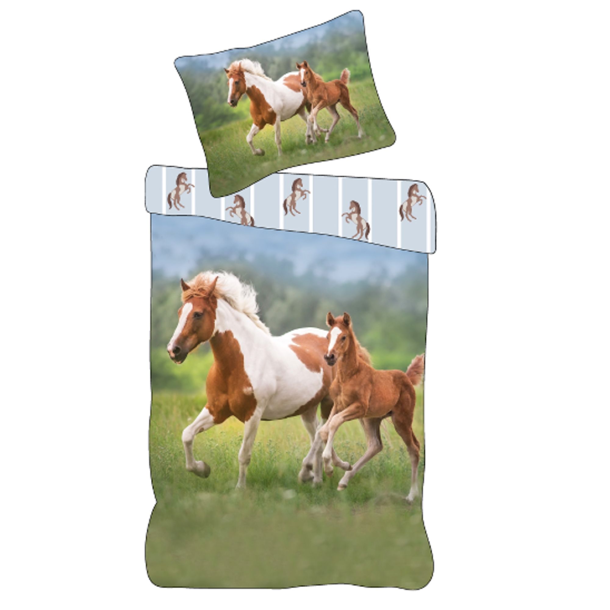 Heste sengetøj 140x200 cm - Vendbart sengesæt med hestemor og føl - 100% blødt bomulds sengelinned billede