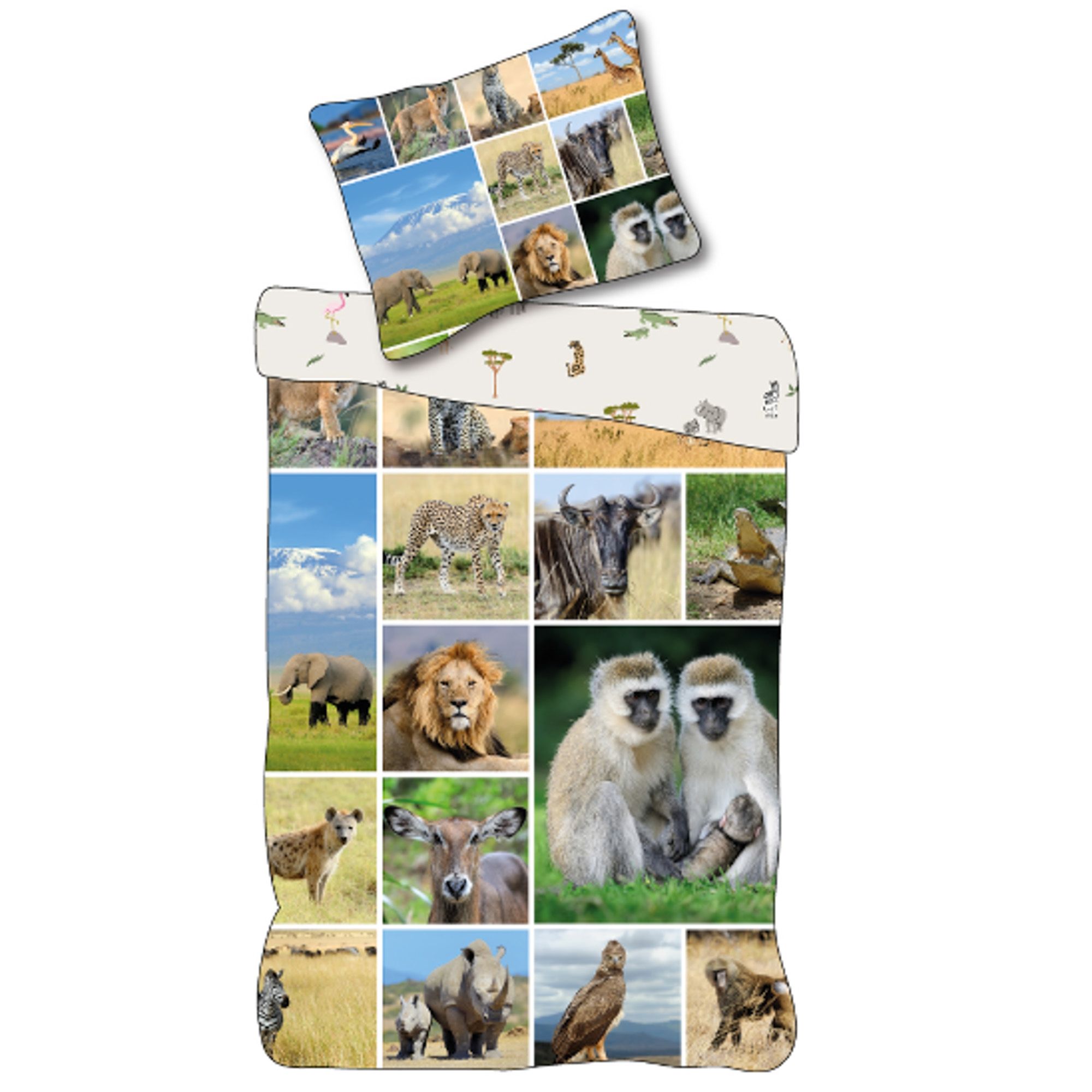 Børne sengetøj 140x200 cm - Vendbart sengesæt med safari dyr - 100% blødt bomulds sengelinned billede