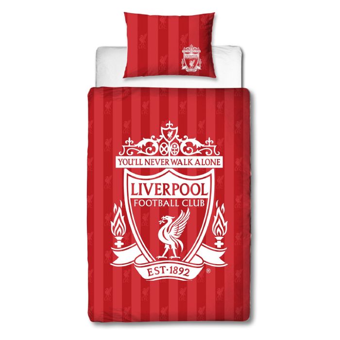 Liverpool sengetøj - 150x210 cm - Rødt vendbart sengesæt med logo - 100% bomulds sengelinned - Fodbold sengetøj