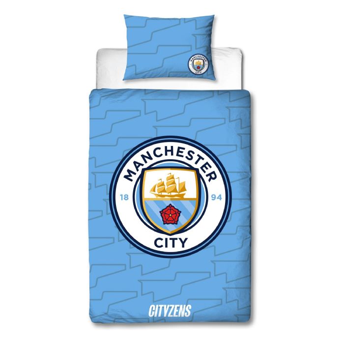 Manchester City sengetøj - 150x210 cm - Blåt vendbart sengesæt med logo - 100% bomulds sengelinned - Fodbold sengetøj