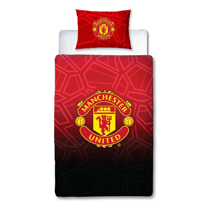 Manchester United sengetøj - 150x210 cm - Rødt vendbart sengesæt med logo - 100% bomulds sengelinned - Fodbold sengetøj
