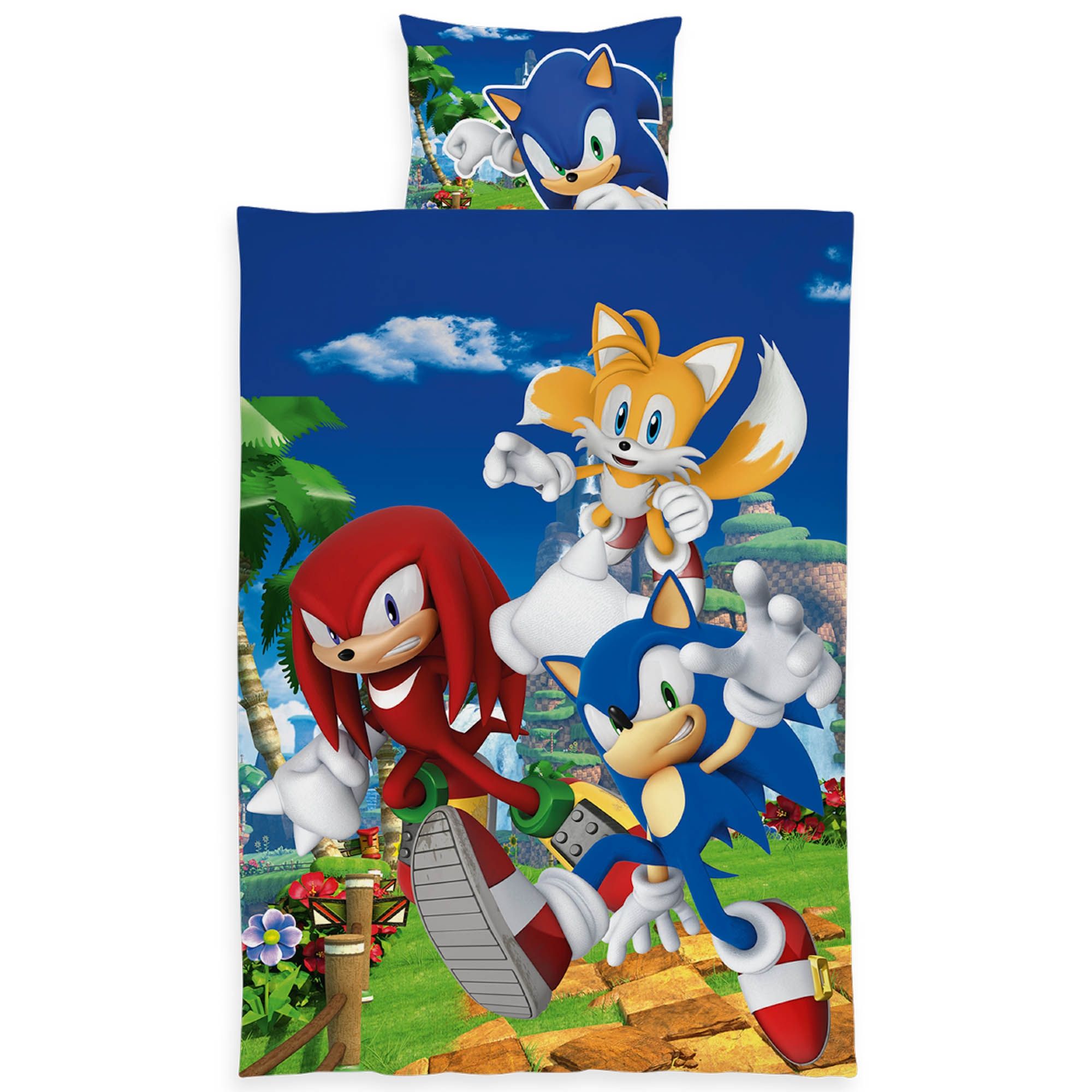 Sonic sengetøj 140x200 cm - Vendbart sengesæt med Sonic The Hedgehog og venner - 100% blødt bomulds sengelinned billede