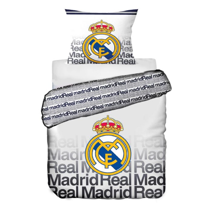 Real Madrid sengetøj - Hvidt vendbart sengesæt med logo og tekst - 140x200 cm - 100% bomulds sengelinned - Fodbold sengetøj