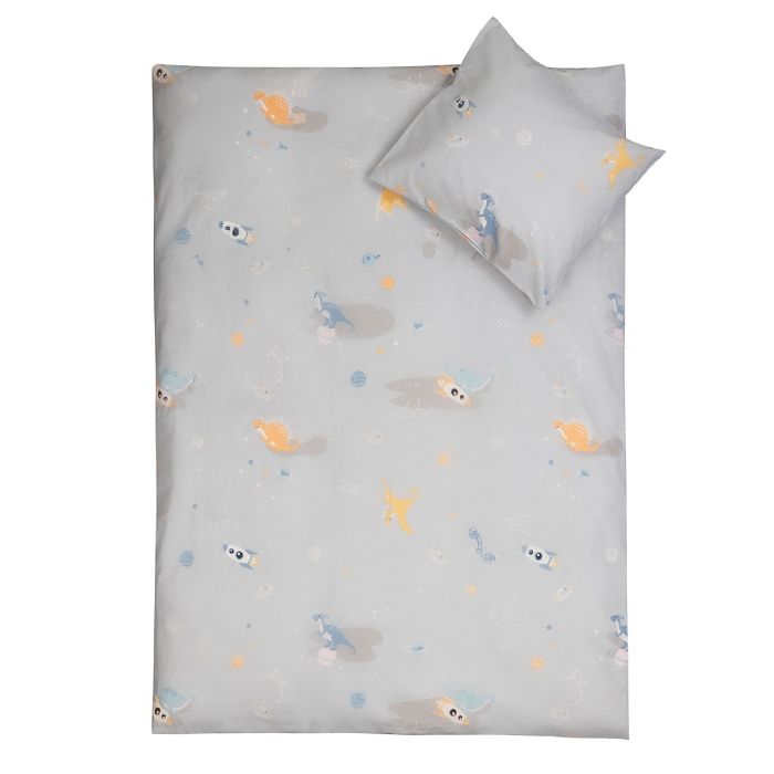 Junior sengetøj 100x140 cm - Gråt junior sengesæt med rum dinosaur - 100% blød bomulds sengelinned - Nordstrand Home