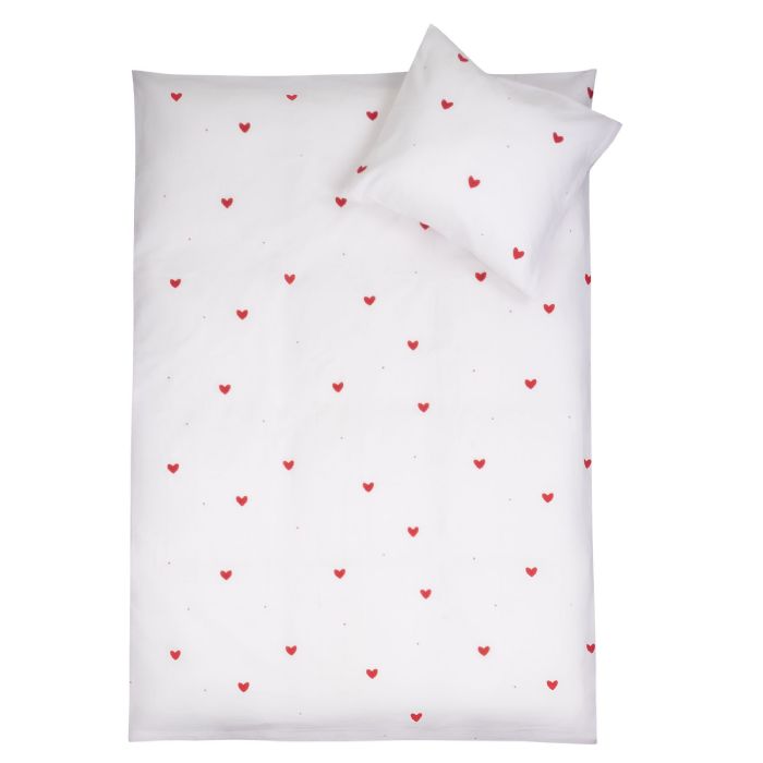Junior sengetøj 100% bomuld - 100x140 cm - Hvidt sengesæt med fine røde hjerter - Nordstrand Home blødt dynebetræk