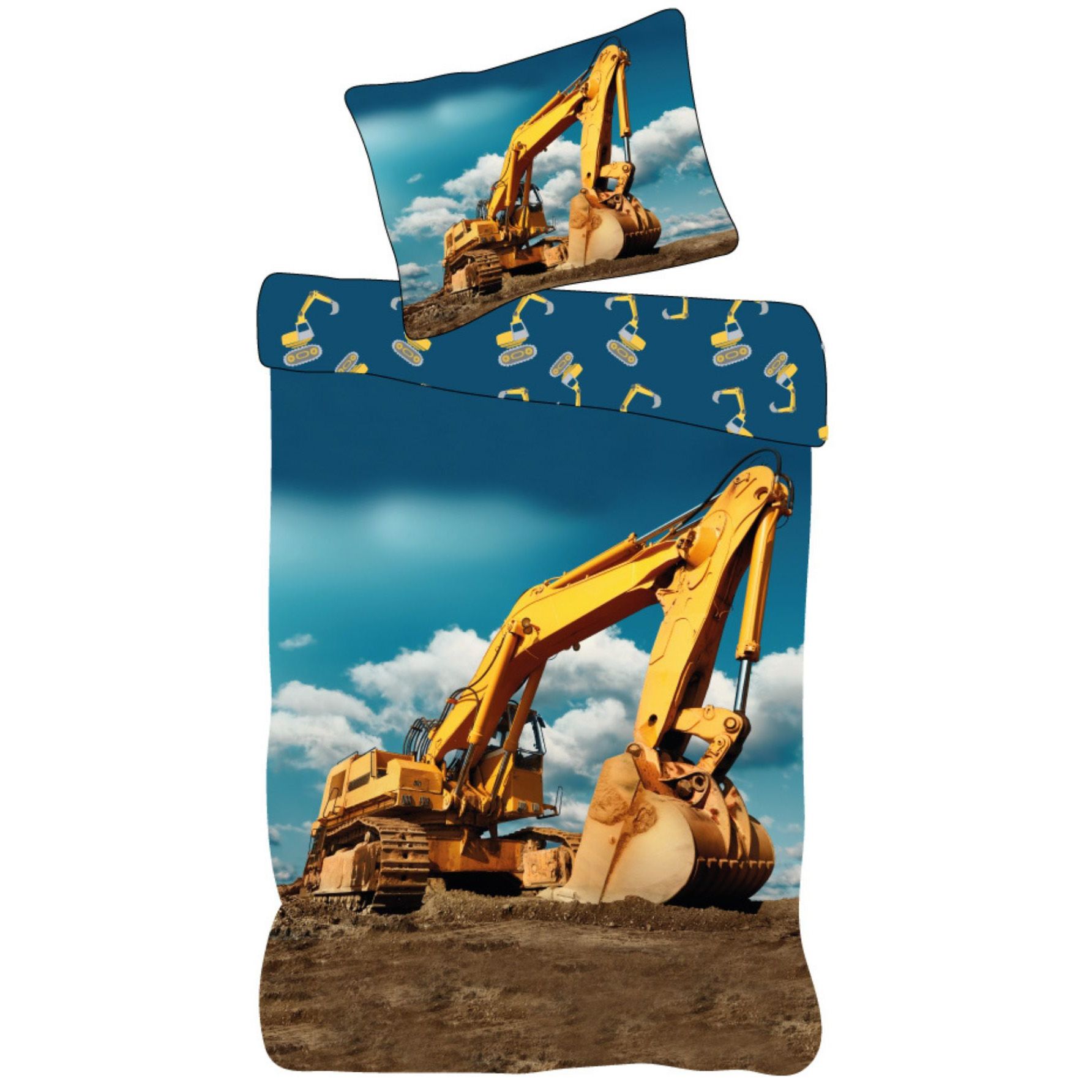Gravmaskine sengetøj - 100% bomuld - Børnesengetøj 140x200 cm - Mørkeblå bagside