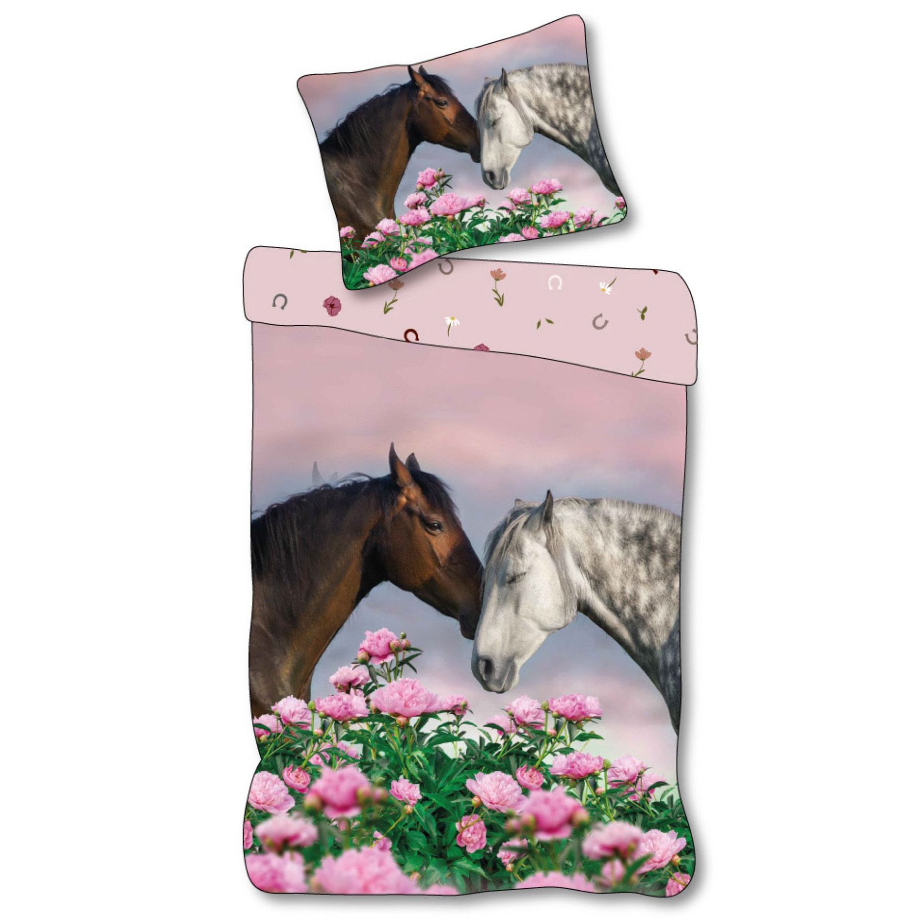 Heste sengetøj - 100% bomuld - Børnesengetøj 140x200 cm - Lyserød billede