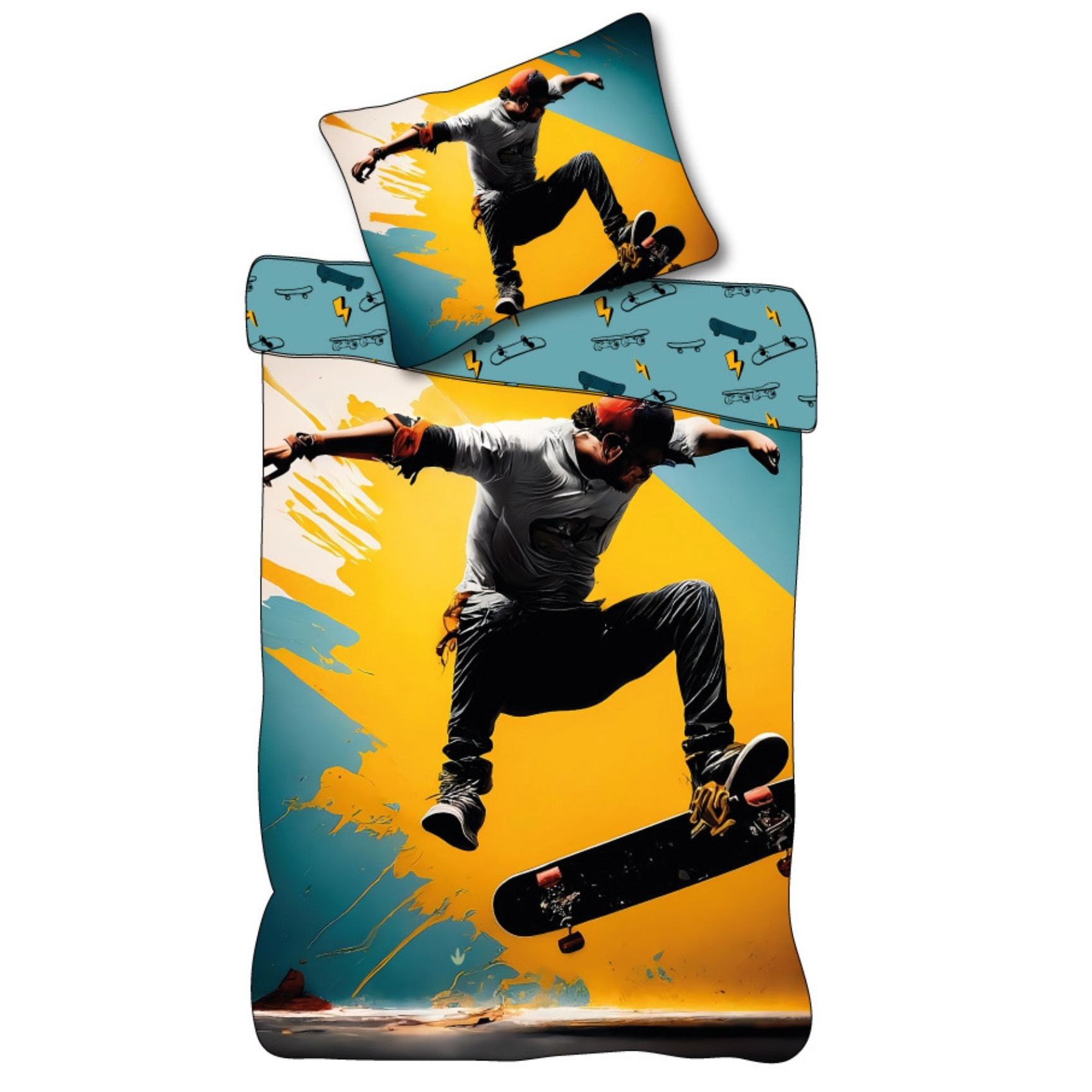 Skater sengetøj - 100% bomuld - Børnesengetøj 140x200 cm - Gul og blå