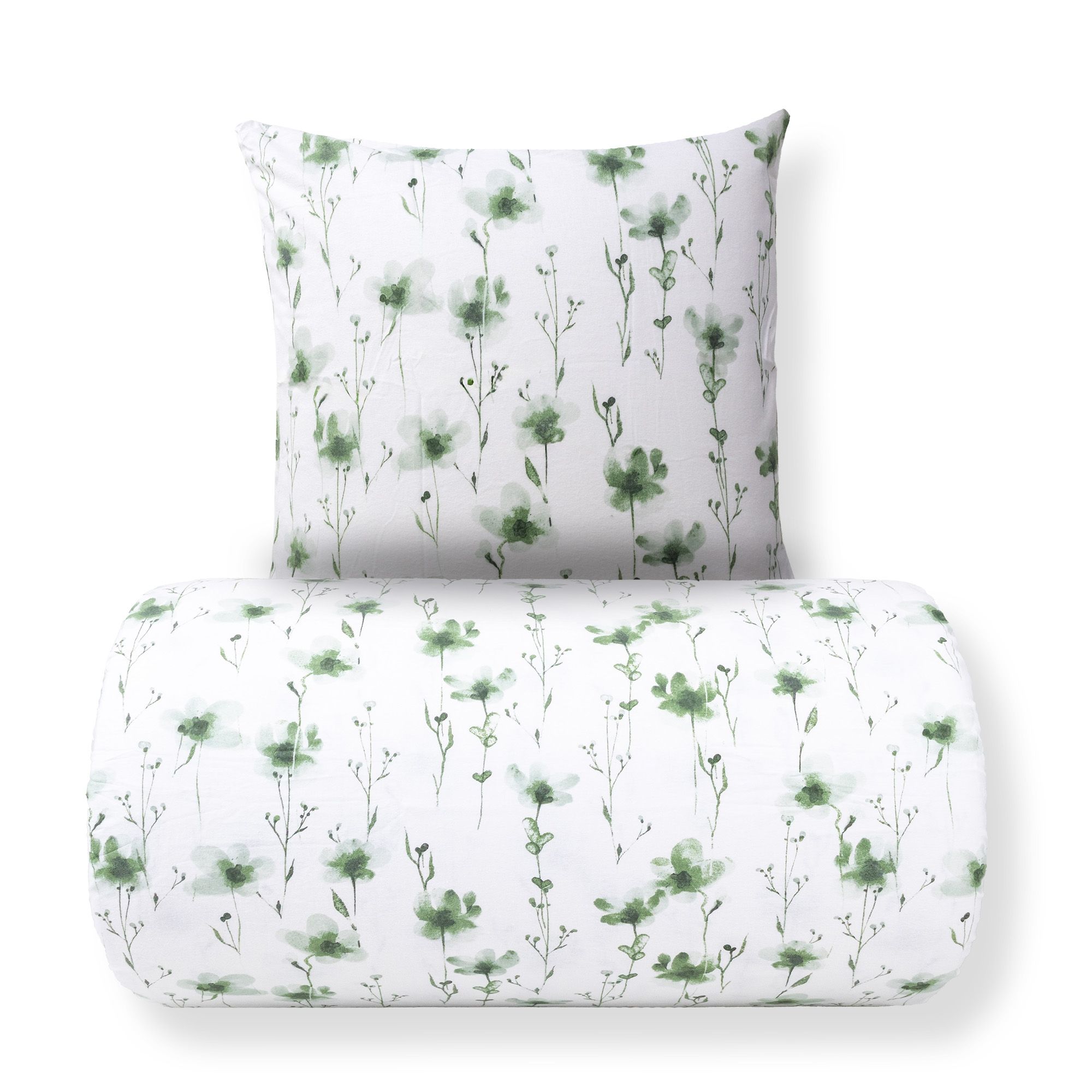 Sengetøj - Bomulds flonel - Hvid med grønne blomster