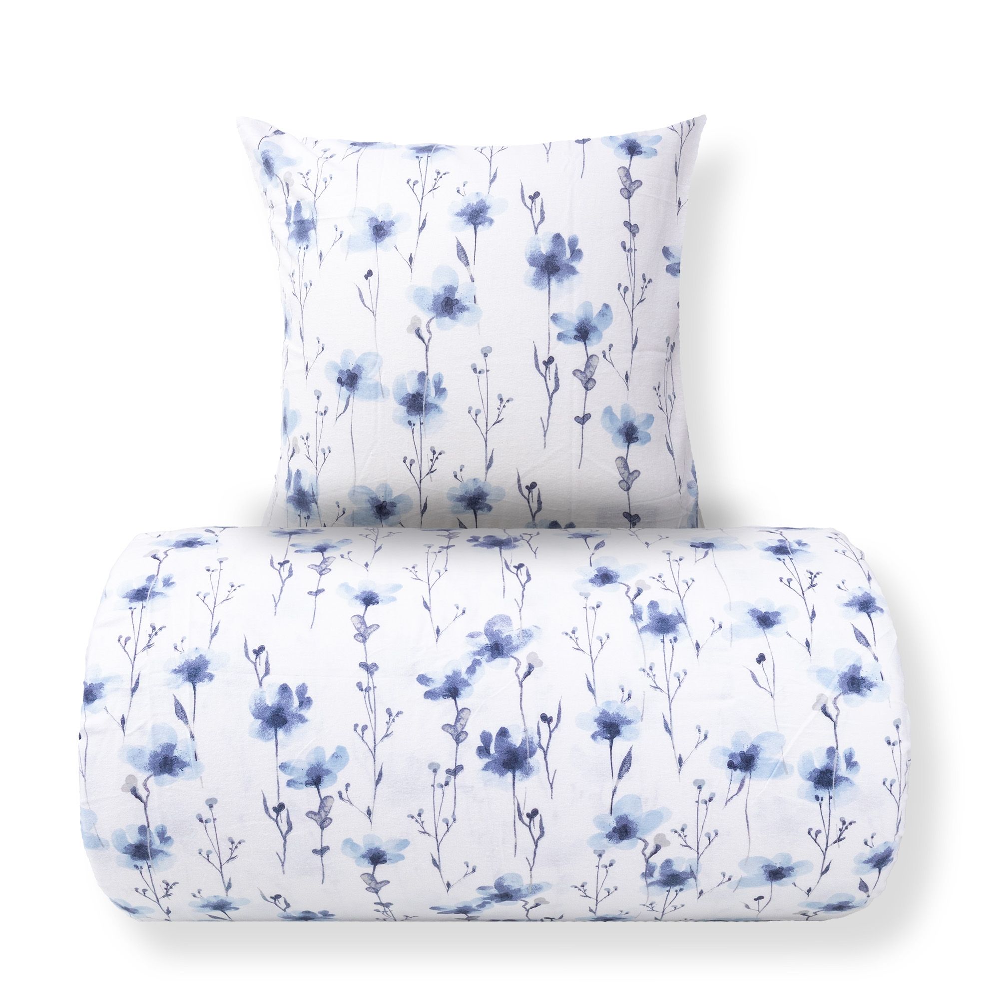 Sengetøj - Bomulds flonel - Hvid med blå blomster